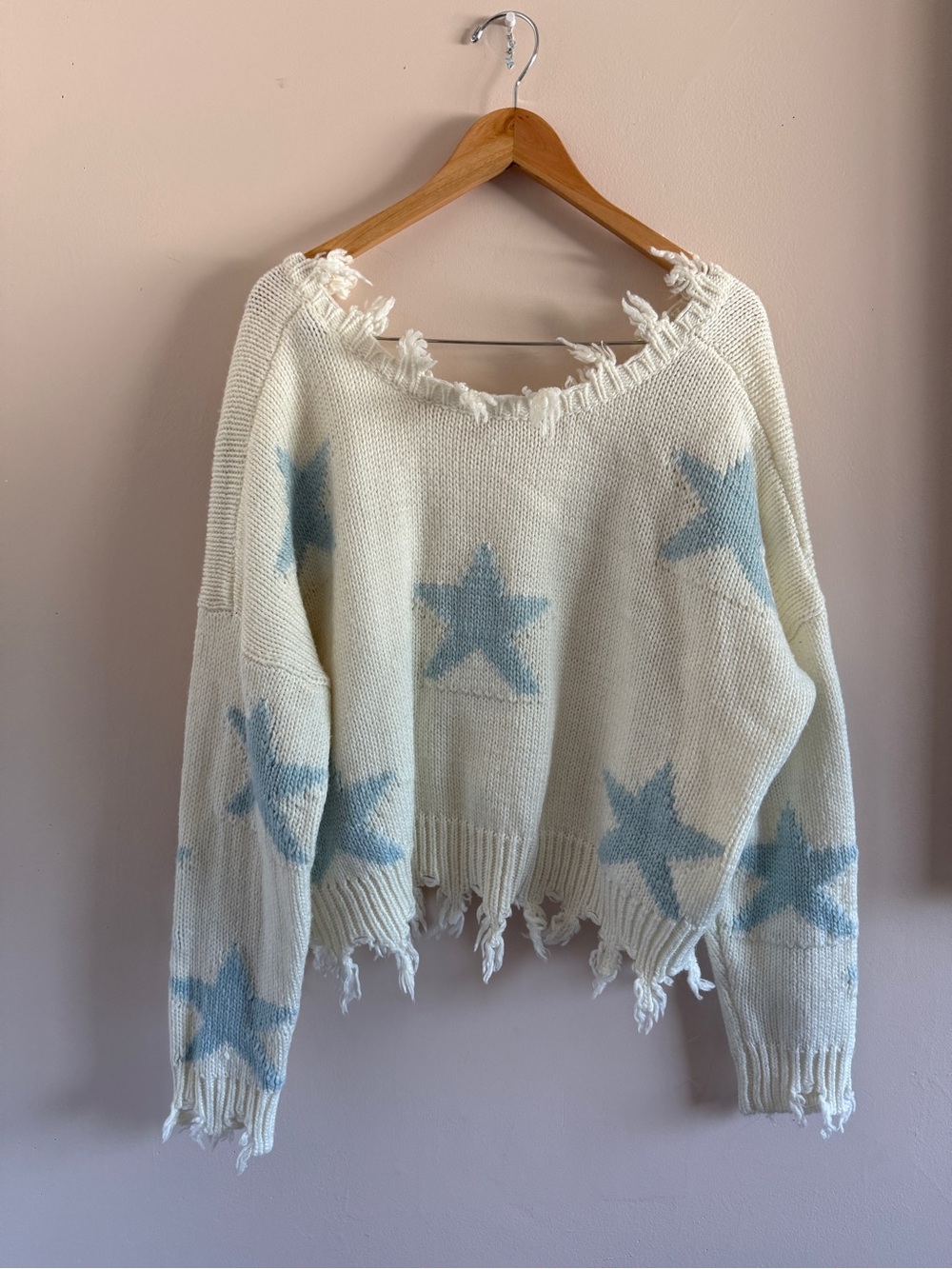 Miracle Cream Knit Sweater with Light Blue Stars